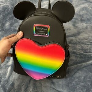 Loungefly Black Backpack with Rainbow Heart Patch